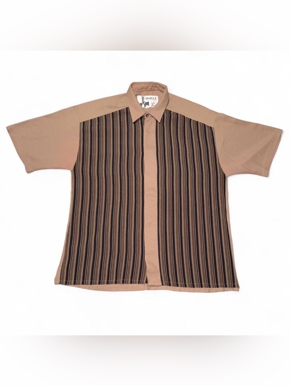 Beige Short-Sleeve Vertical Stripe Dress Shirt